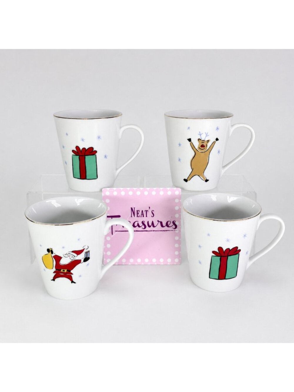 2001 Merry Brite MERRY CHRISTMAS Reindeer Santa Packages 10oz Mugs Cups  Set 4
